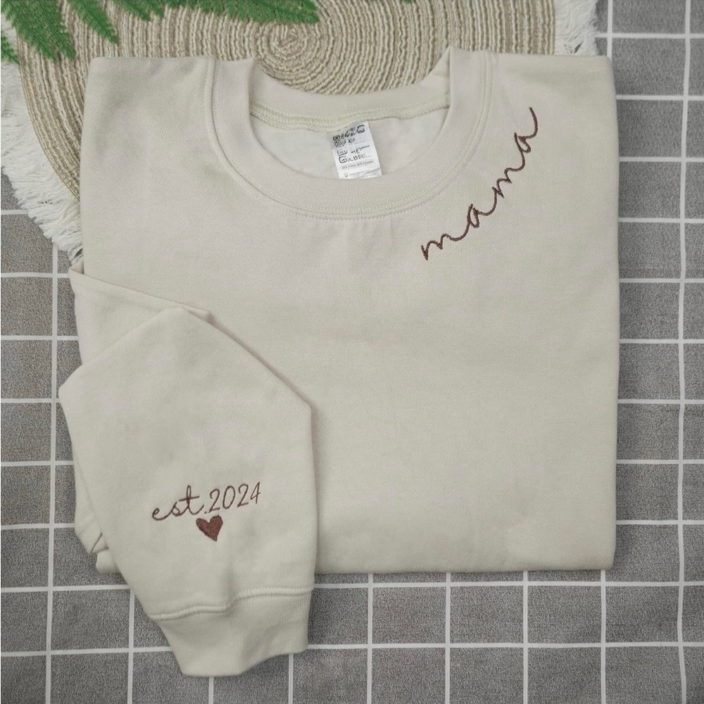 Cream ‘Mama Est. 2024’ Sweatshirt with Embroidered Details